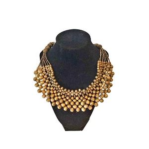 Statement Necklace Weaved Wooden Beads Adjustable Rope Bib length to 32” longest